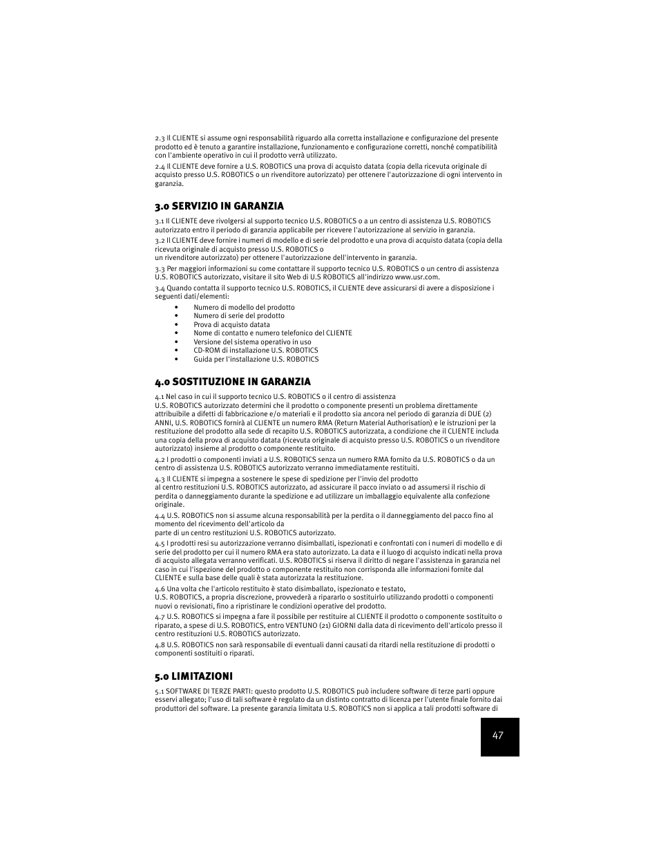 0 servizio in garanzia, 0 sostituzione in garanzia, 0 limitazioni | USRobotics USR9600 User Manual | Page 50 / 139