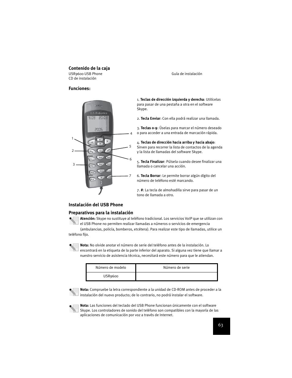 Funciones, Instalación del usb phone | USRobotics USR9600 User Manual | Page 66 / 139