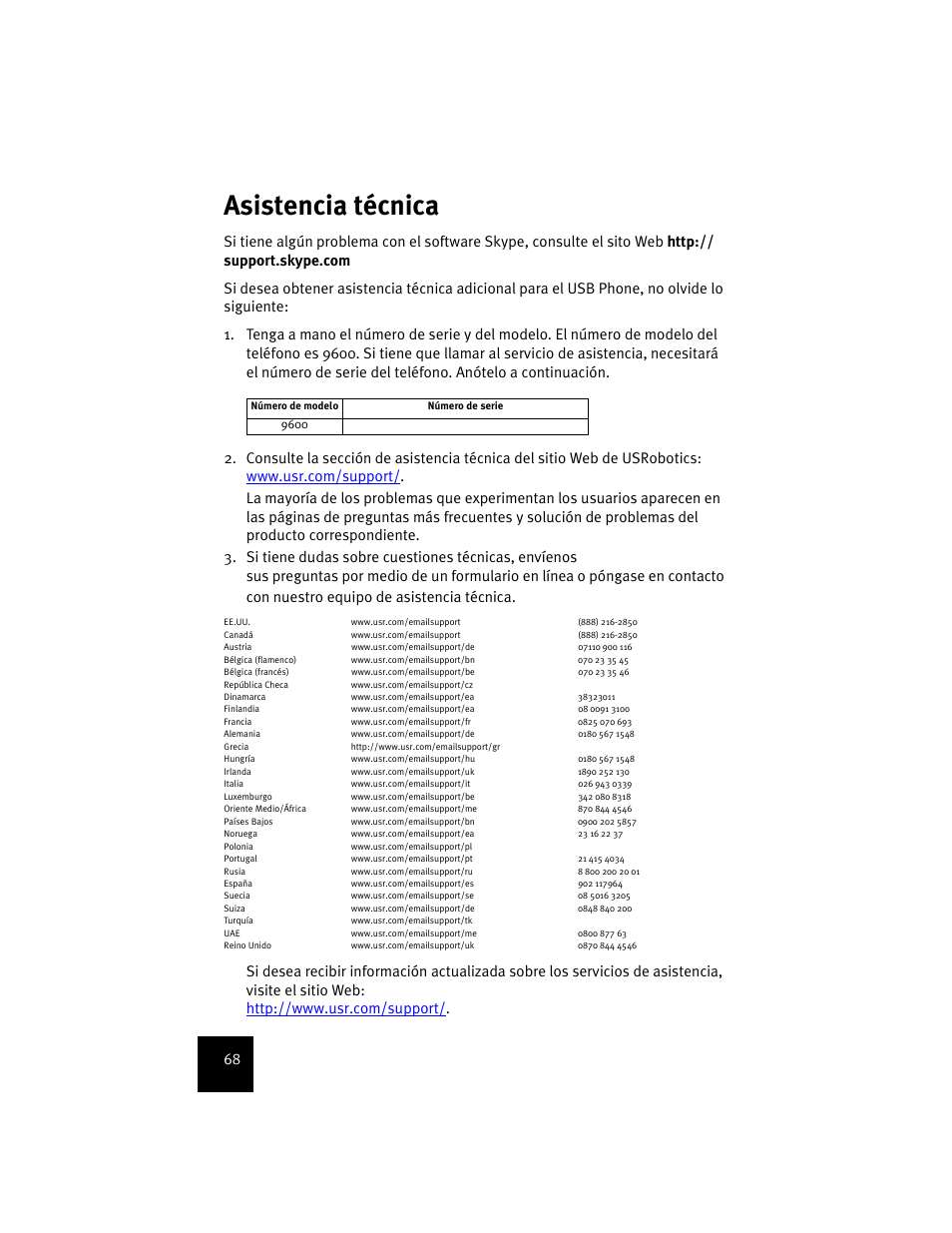 Asistencia técnica | USRobotics USR9600 User Manual | Page 71 / 139