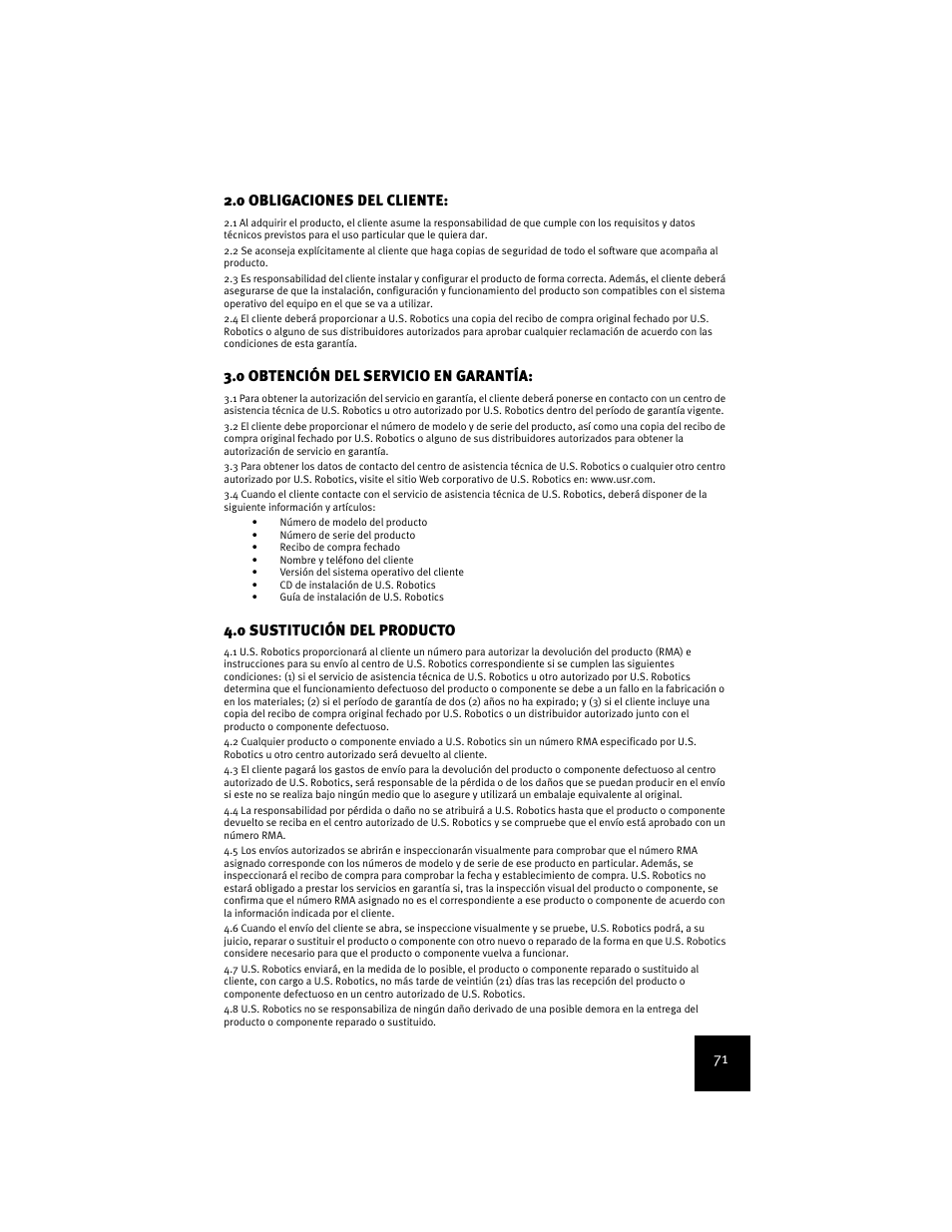 71 2.0 obligaciones del cliente, 0 obtención del servicio en garantía, 0 sustitución del producto | USRobotics USR9600 User Manual | Page 74 / 139