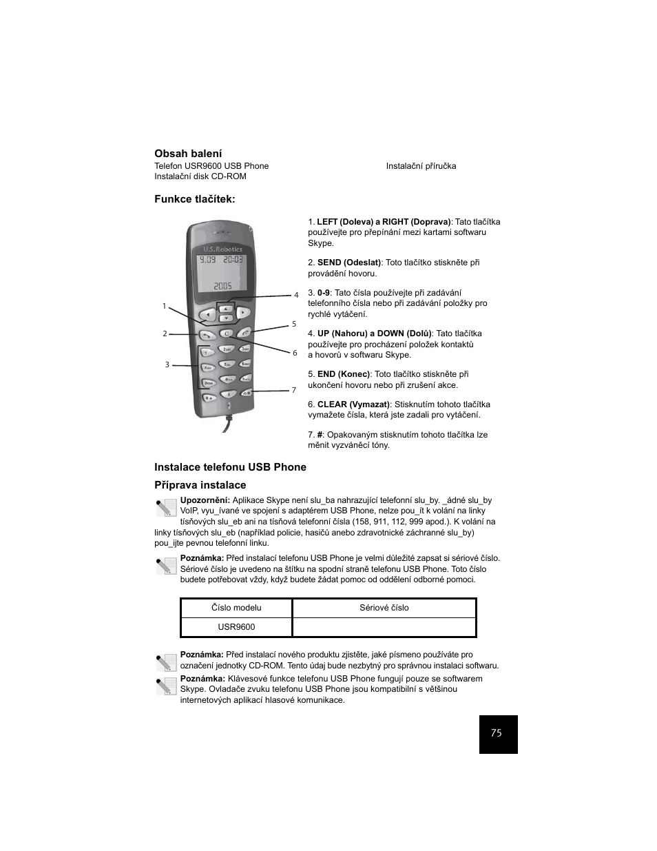 Funkce tlačítek, Instalace telefonu usb phone | USRobotics USR9600 User Manual | Page 78 / 139