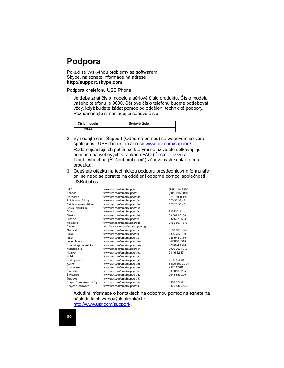 Podpora | USRobotics USR9600 User Manual | Page 83 / 139