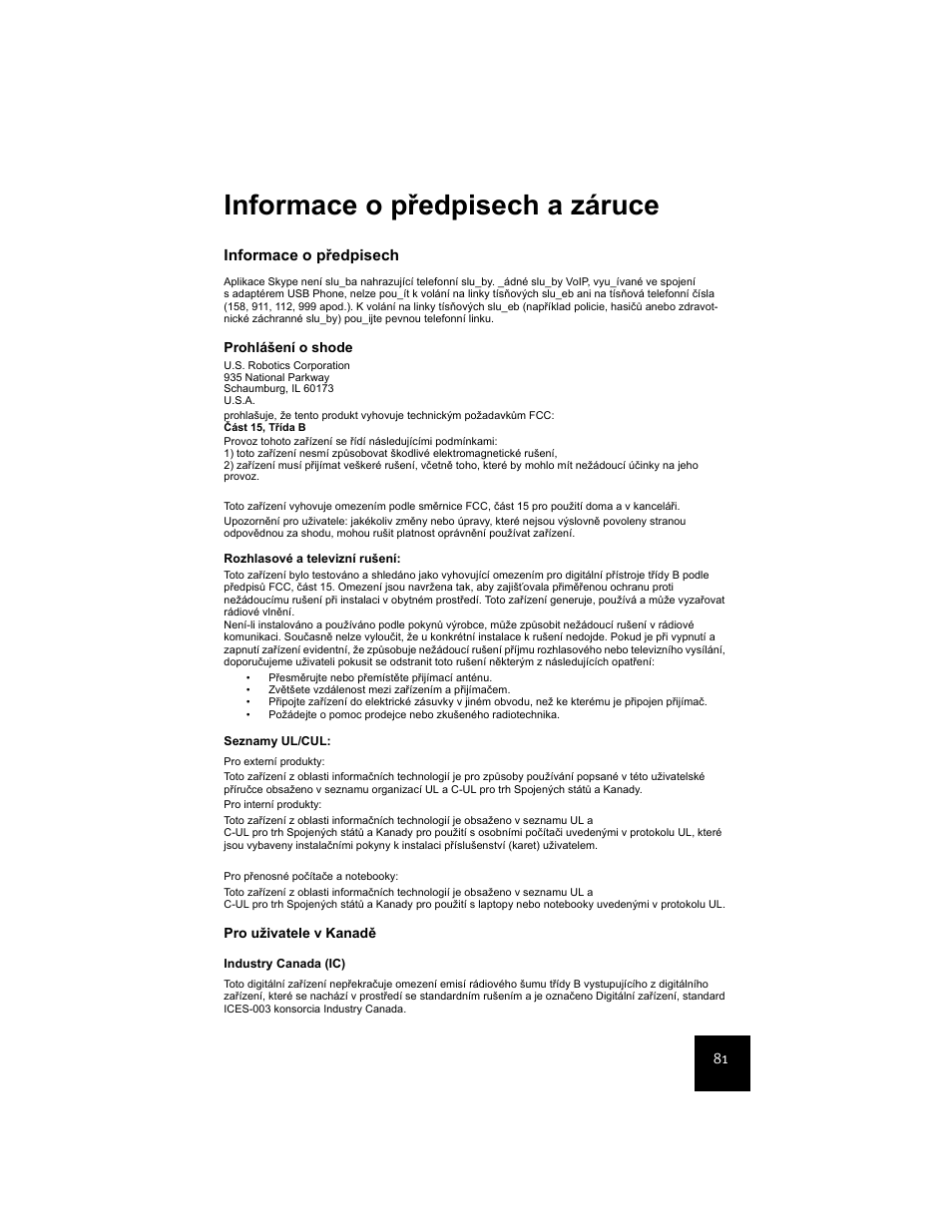 Informace o předpisech a záruce, Informace o předpisech | USRobotics USR9600 User Manual | Page 84 / 139