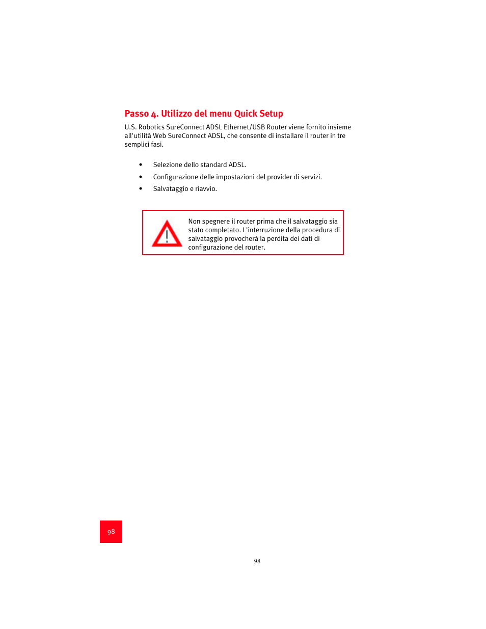 Passo 4. utilizzo del menu quick setup | USRobotics 9003 User Manual | Page 102 / 182