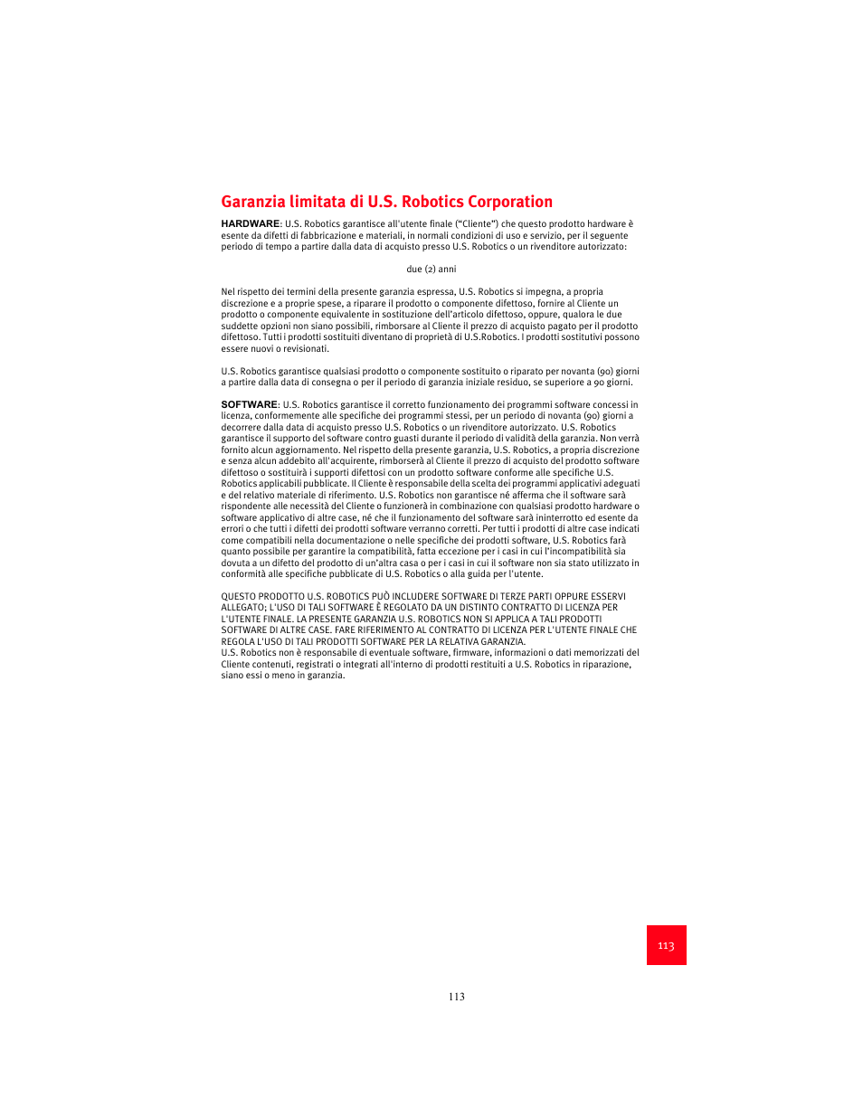 Garanzia limitata di u.s. robotics corporation | USRobotics 9003 User Manual | Page 117 / 182