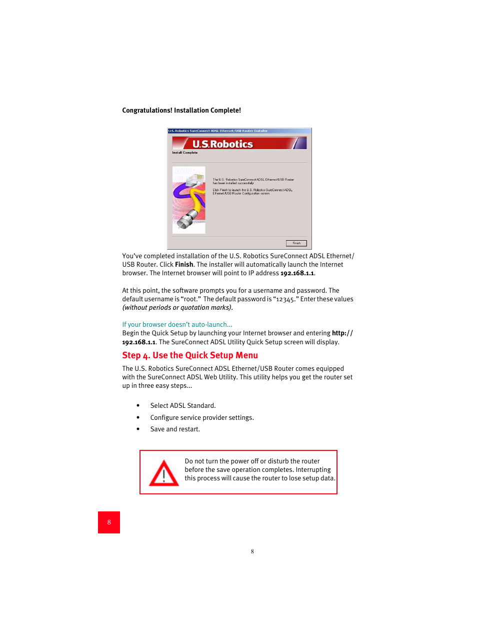 Step 4. use the quick setup menu | USRobotics 9003 User Manual | Page 12 / 182