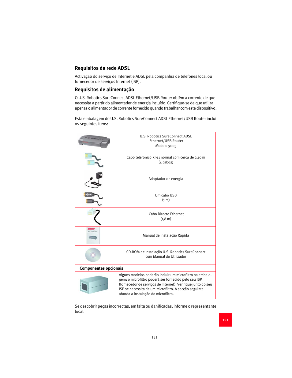 Requisitos da rede adsl, Requisitos de alimentação | USRobotics 9003 User Manual | Page 125 / 182