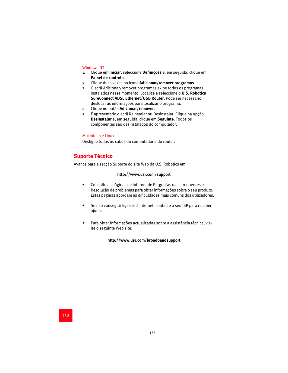 Suporte técnico | USRobotics 9003 User Manual | Page 142 / 182