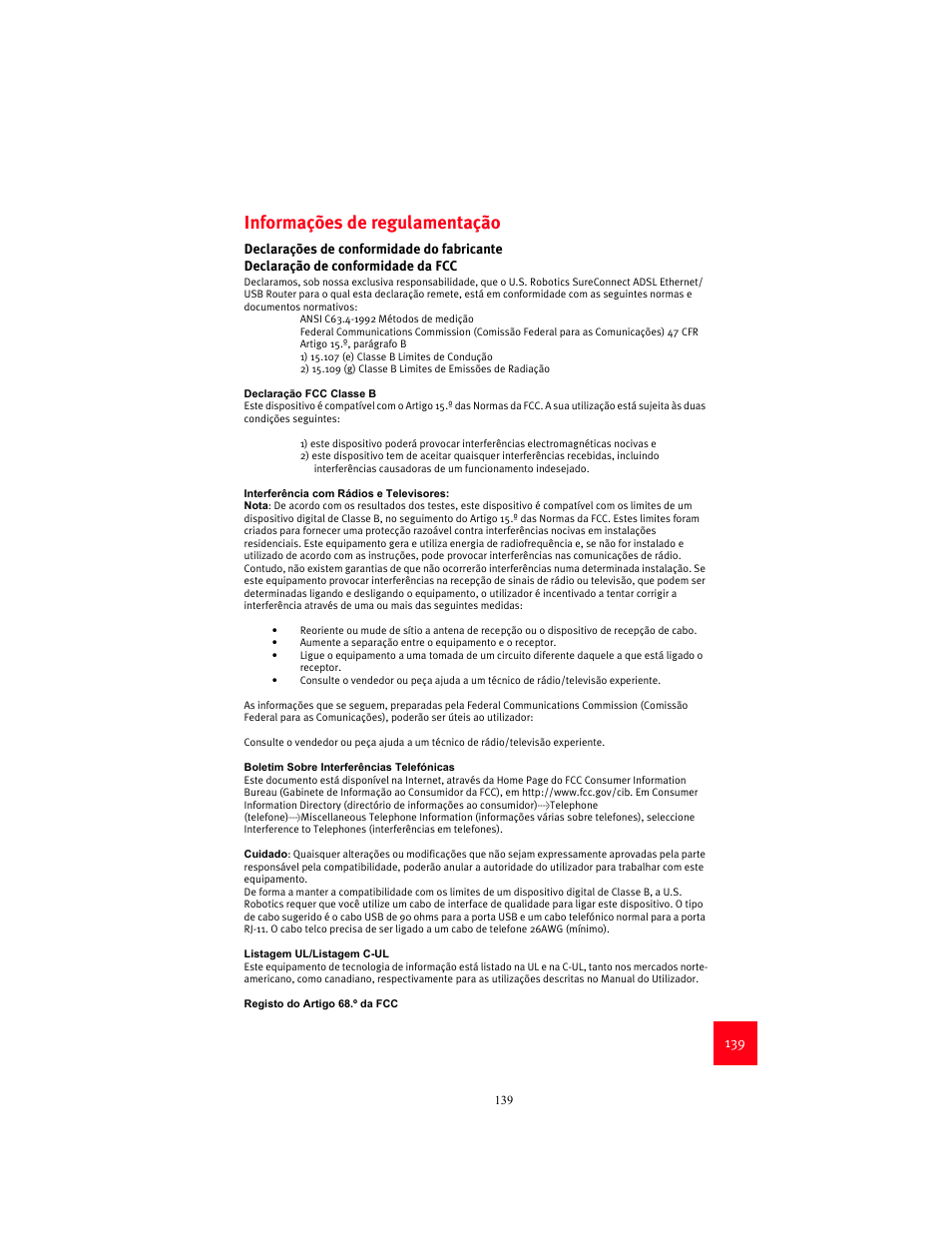 Informações de regulamentação | USRobotics 9003 User Manual | Page 143 / 182