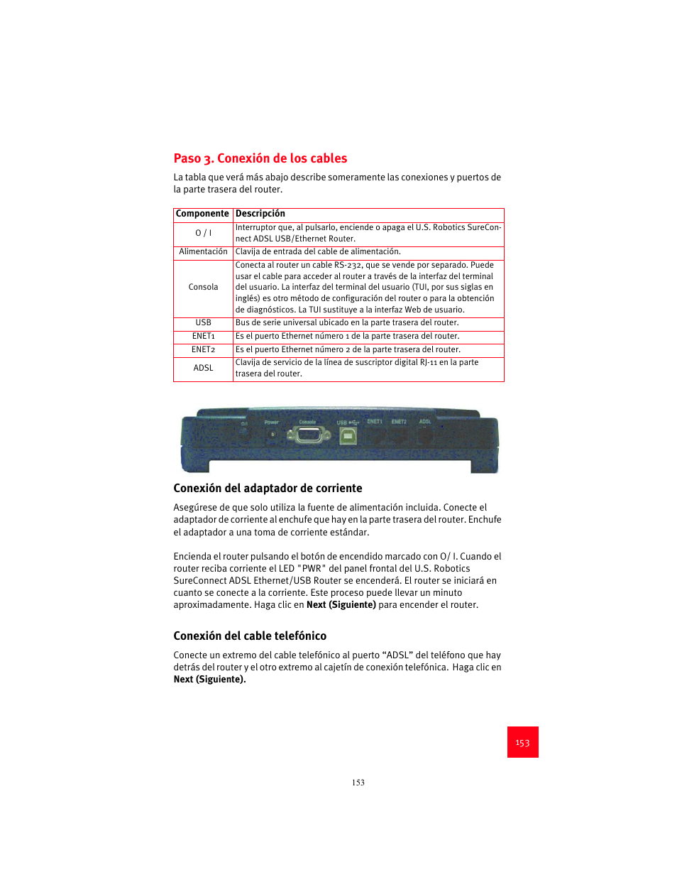 Paso 3. conexión de los cables, Conexión del adaptador de corriente, Conexión del cable telefónico | USRobotics 9003 User Manual | Page 157 / 182