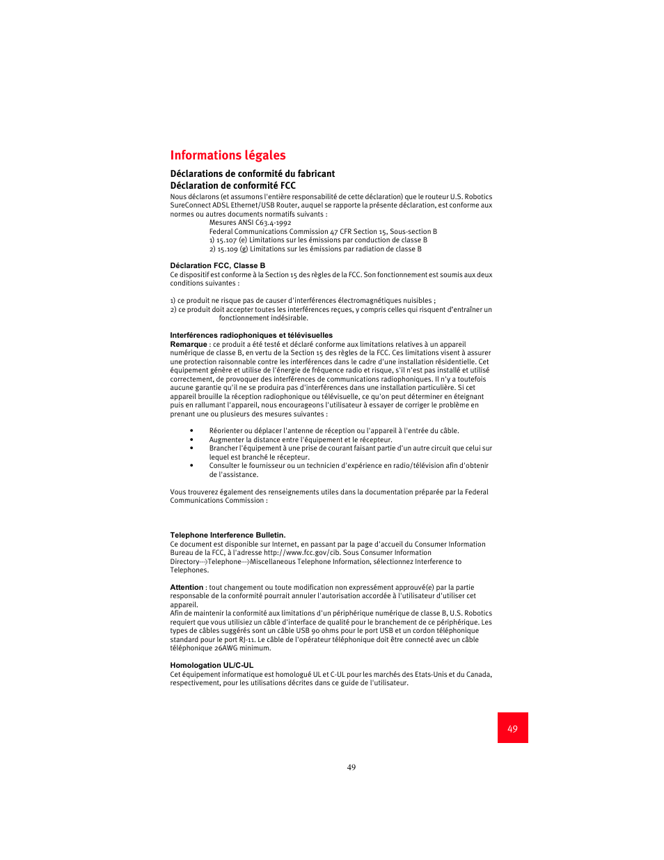 Informations légales | USRobotics 9003 User Manual | Page 53 / 182