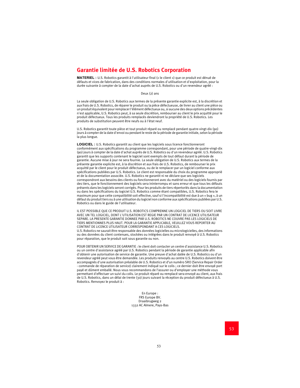 Garantie limitée de u.s. robotics corporation | USRobotics 9003 User Manual | Page 57 / 182