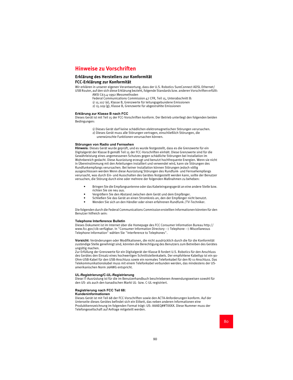 Hinweise zu vorschriften | USRobotics 9003 User Manual | Page 84 / 182