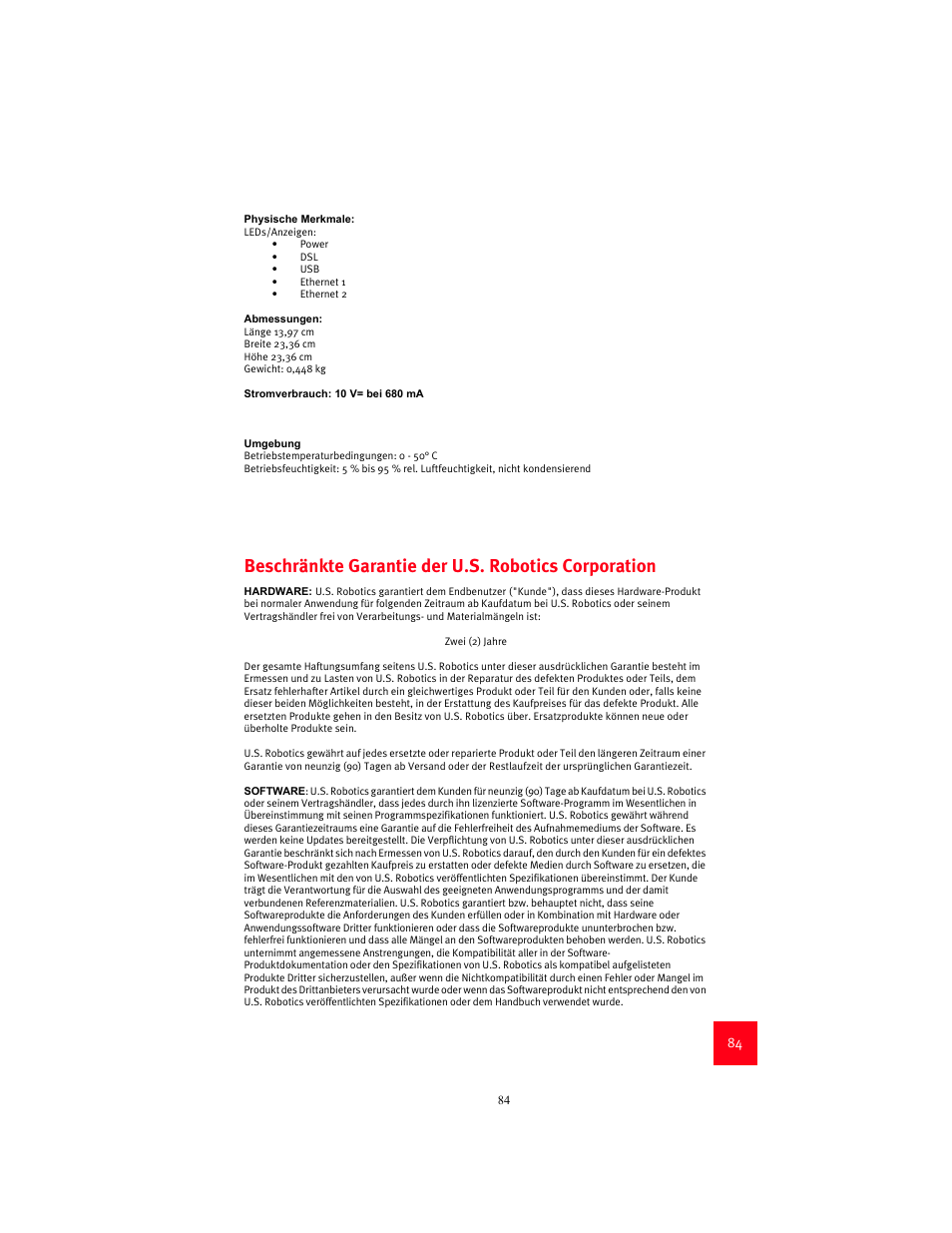 Beschränkte garantie der u.s. robotics corporation | USRobotics 9003 User Manual | Page 88 / 182