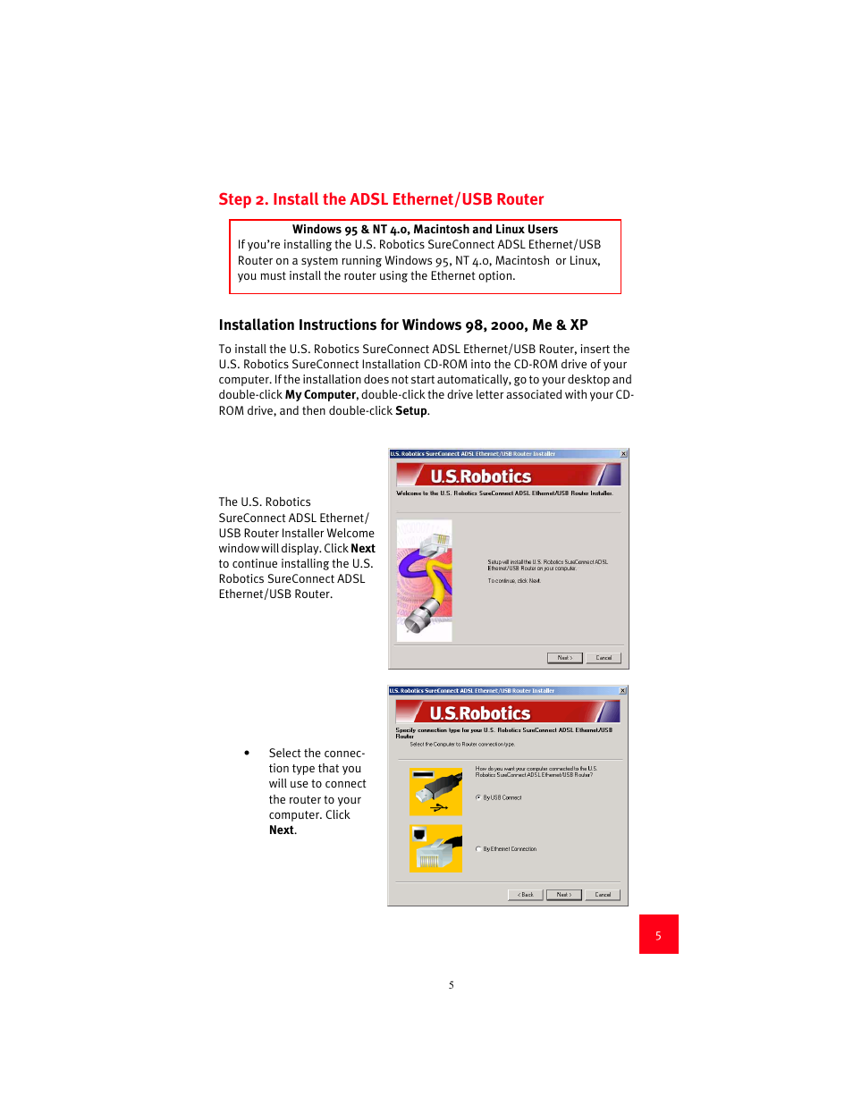 Step 2. install the adsl ethernet/usb router | USRobotics 9003 User Manual | Page 9 / 182