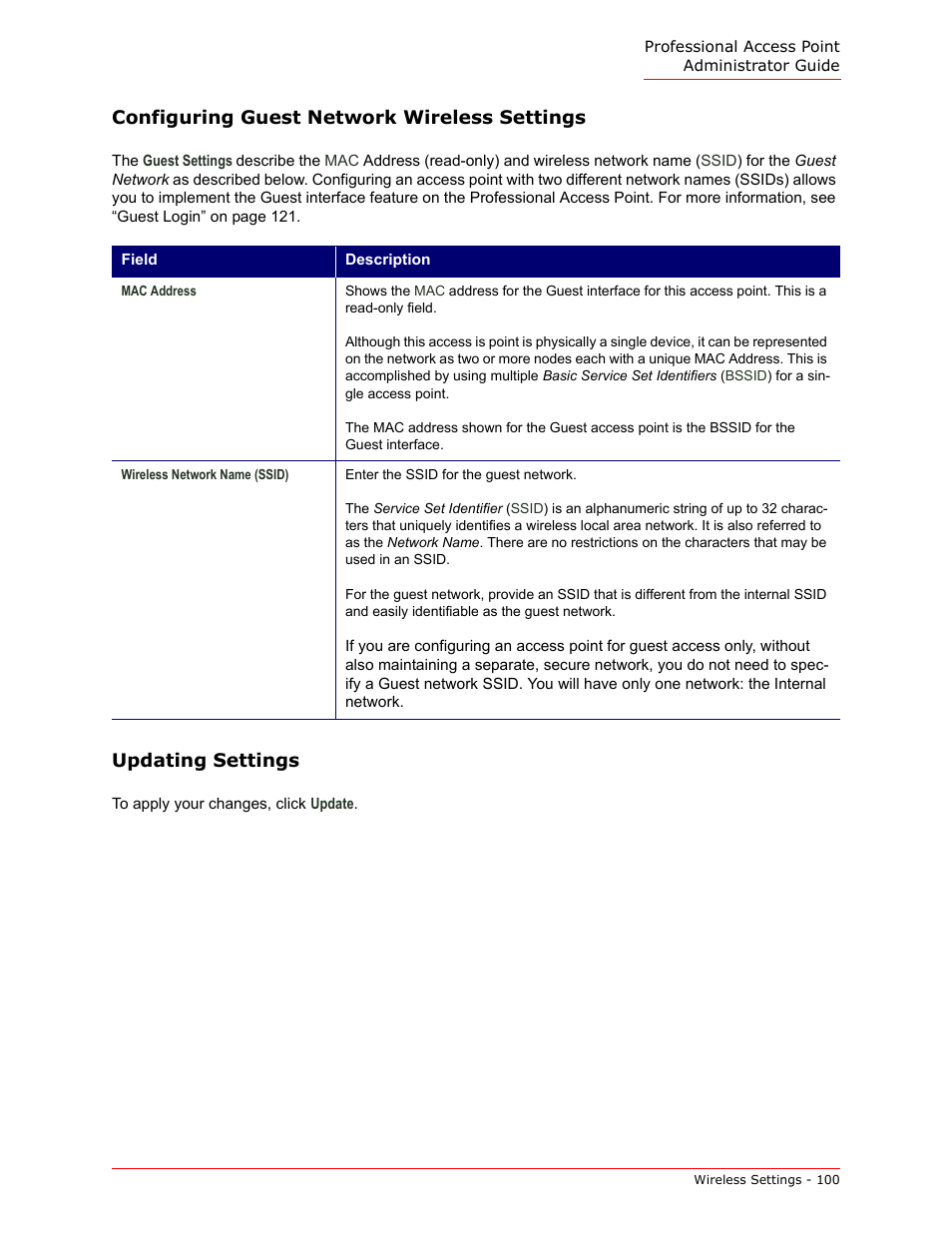 Configuring guest network wireless settings, Updating settings | USRobotics Instant802 APSDK User Manual | Page 100 / 328