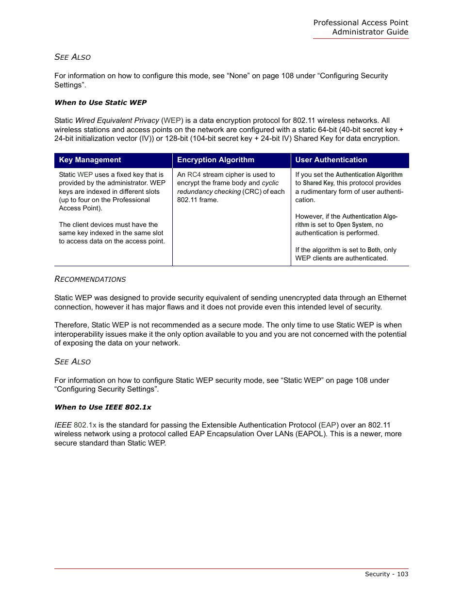 When to use static wep, When to use ieee 802.1x | USRobotics Instant802 APSDK User Manual | Page 103 / 328