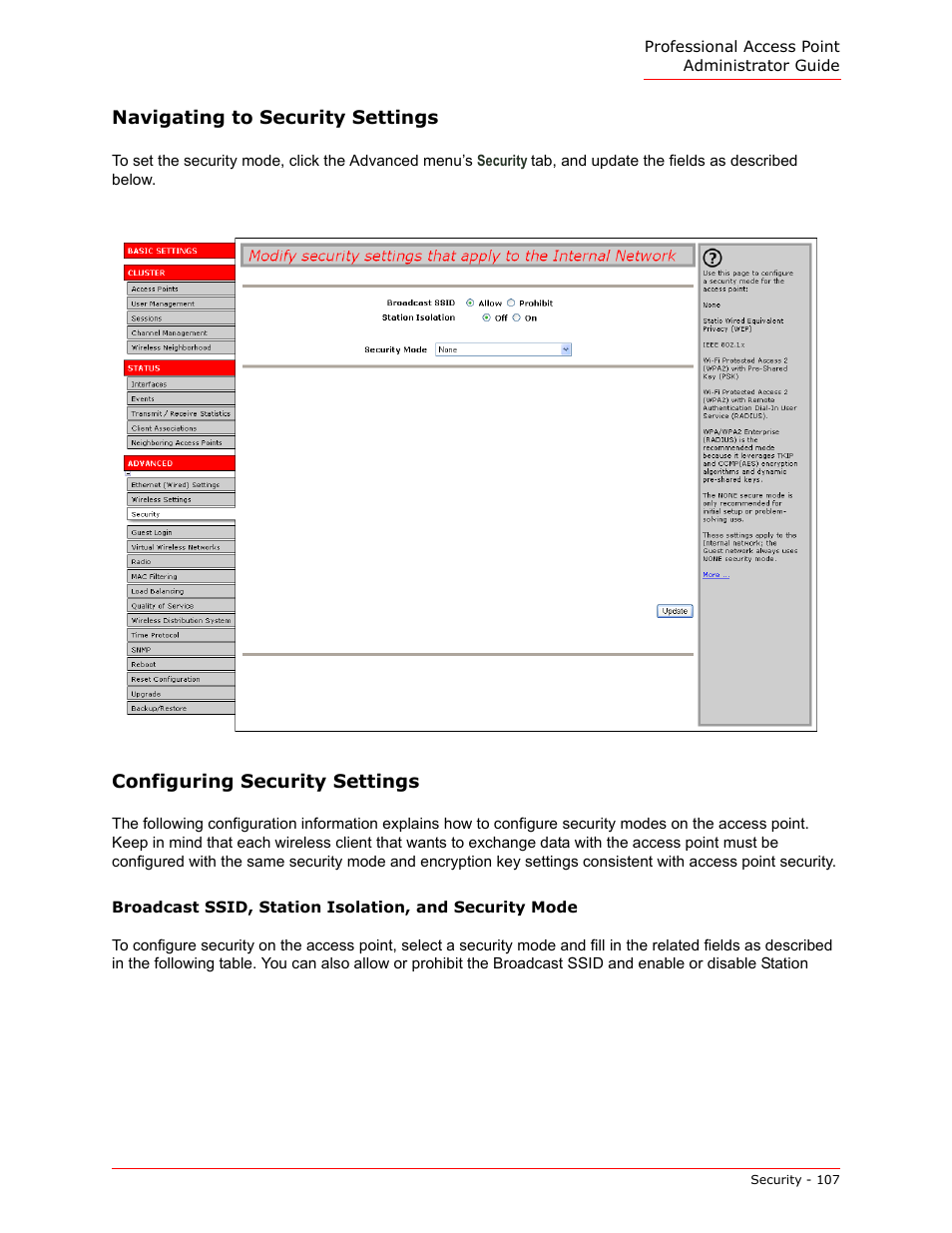 Navigating to security settings, Configuring security settings | USRobotics Instant802 APSDK User Manual | Page 107 / 328