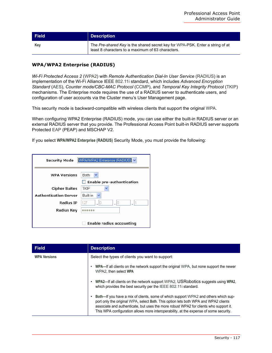 Wpa/wpa2 enterprise (radius) | USRobotics Instant802 APSDK User Manual | Page 117 / 328