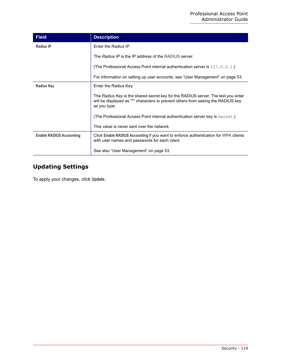 Updating settings | USRobotics Instant802 APSDK User Manual | Page 119 / 328