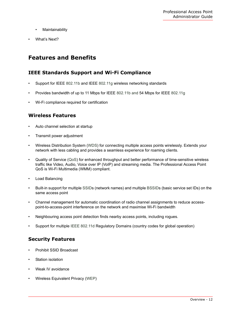 Features and benefits, Ieee standards support and wi-fi compliance, Wireless features | Security features | USRobotics Instant802 APSDK User Manual | Page 12 / 328