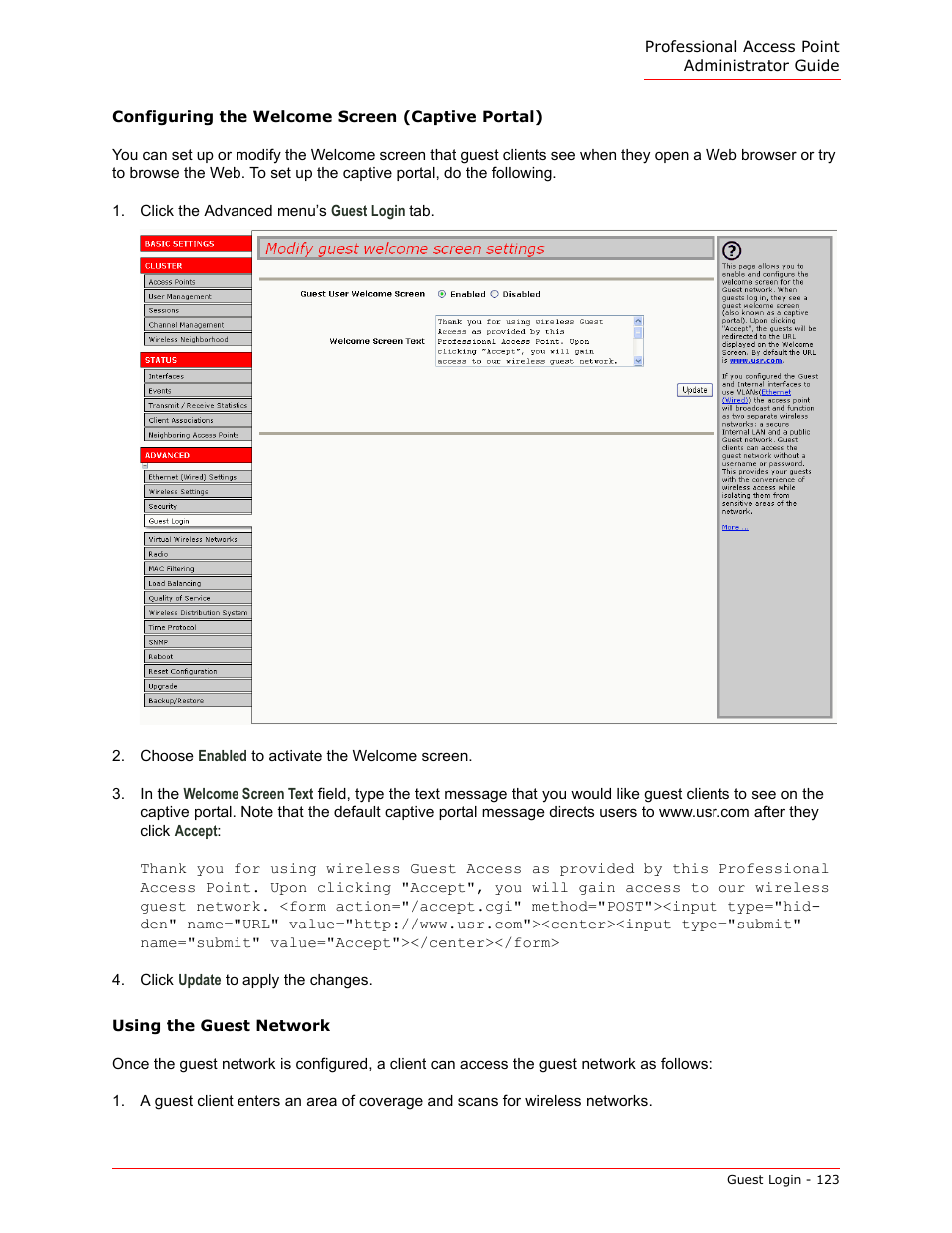 Configuring the welcome screen (captive portal), Using the guest network, Configuring the wel | USRobotics Instant802 APSDK User Manual | Page 123 / 328