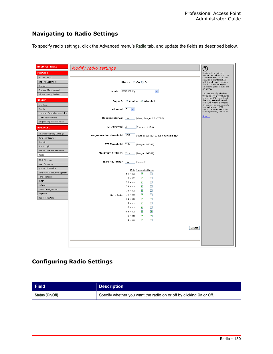 Navigating to radio settings, Configuring radio settings | USRobotics Instant802 APSDK User Manual | Page 130 / 328