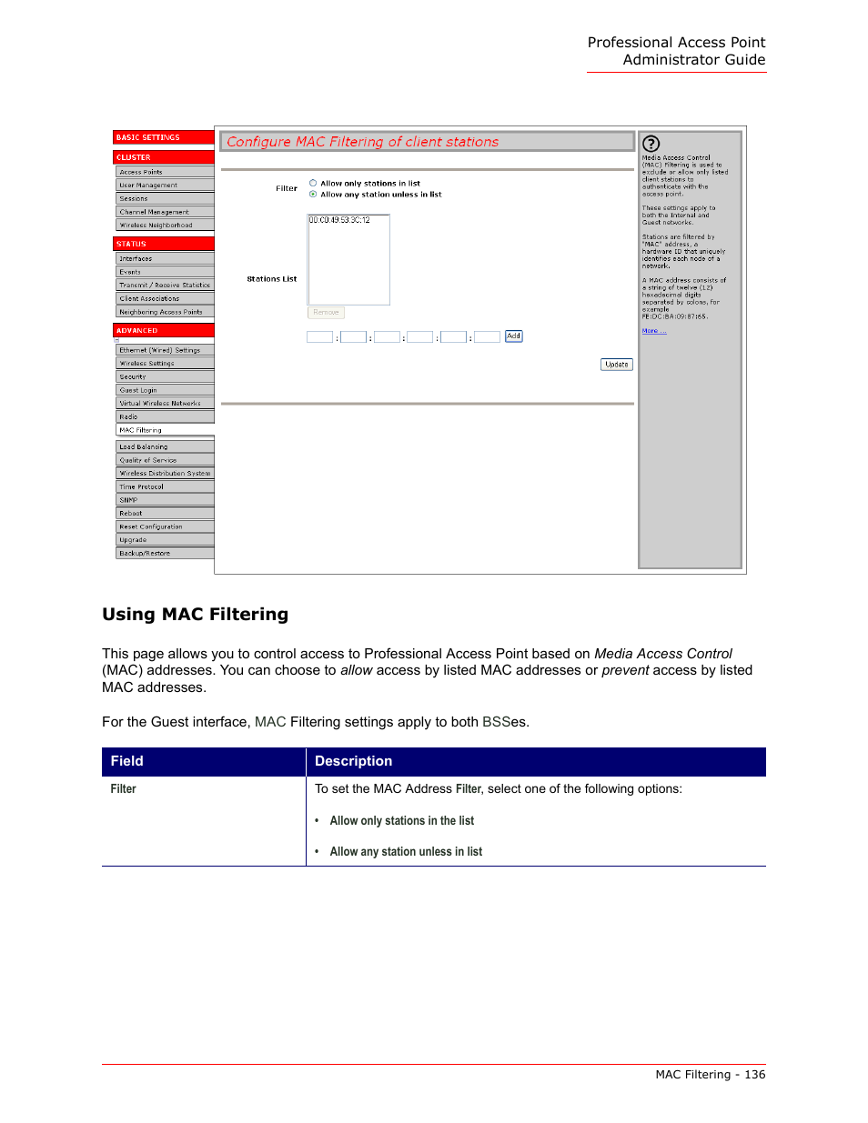 Using mac filtering | USRobotics Instant802 APSDK User Manual | Page 136 / 328