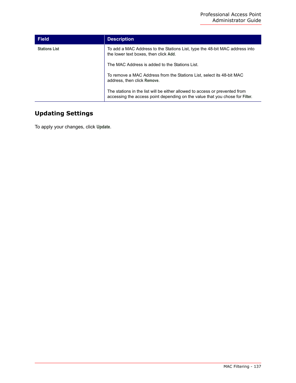 Updating settings | USRobotics Instant802 APSDK User Manual | Page 137 / 328