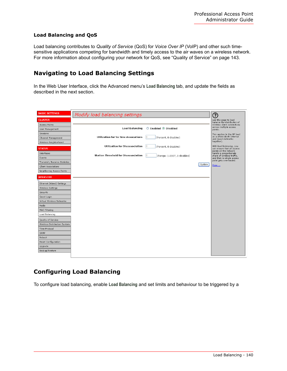 Load balancing and qos, Navigating to load balancing settings, Configuring load balancing | USRobotics Instant802 APSDK User Manual | Page 140 / 328