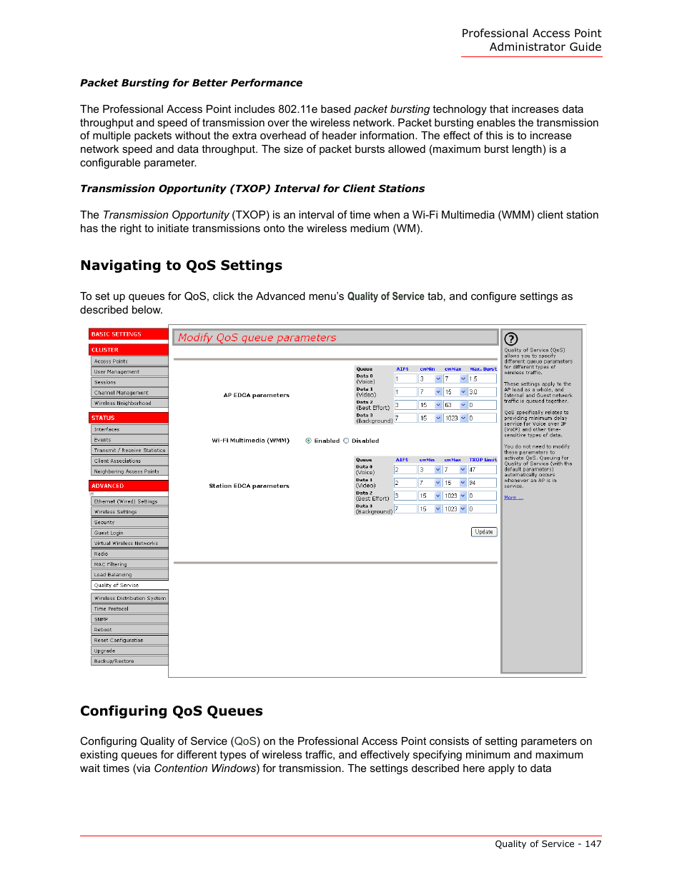 Navigating to qos settings, Configuring qos queues | USRobotics Instant802 APSDK User Manual | Page 147 / 328