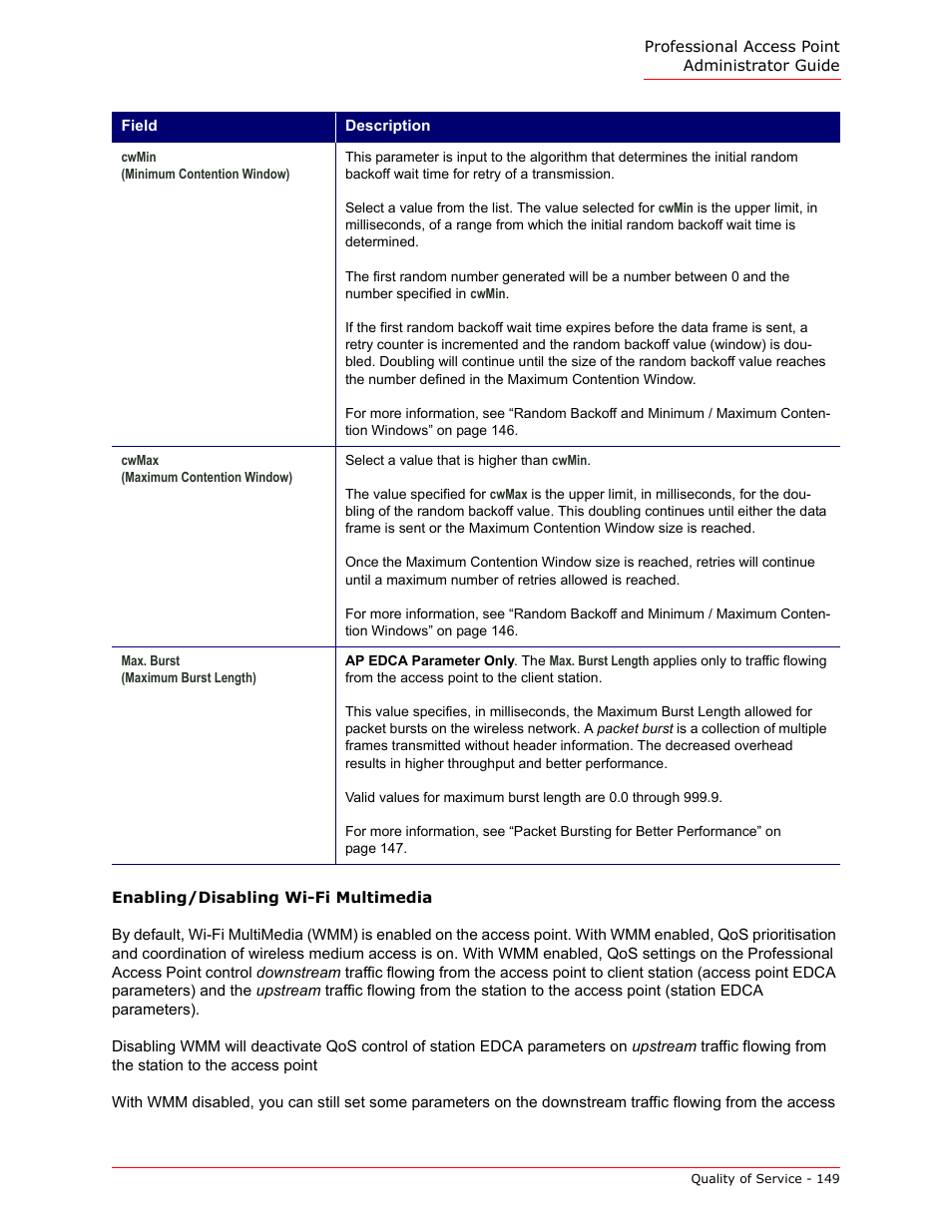 Enabling/disabling wi-fi multimedia | USRobotics Instant802 APSDK User Manual | Page 149 / 328