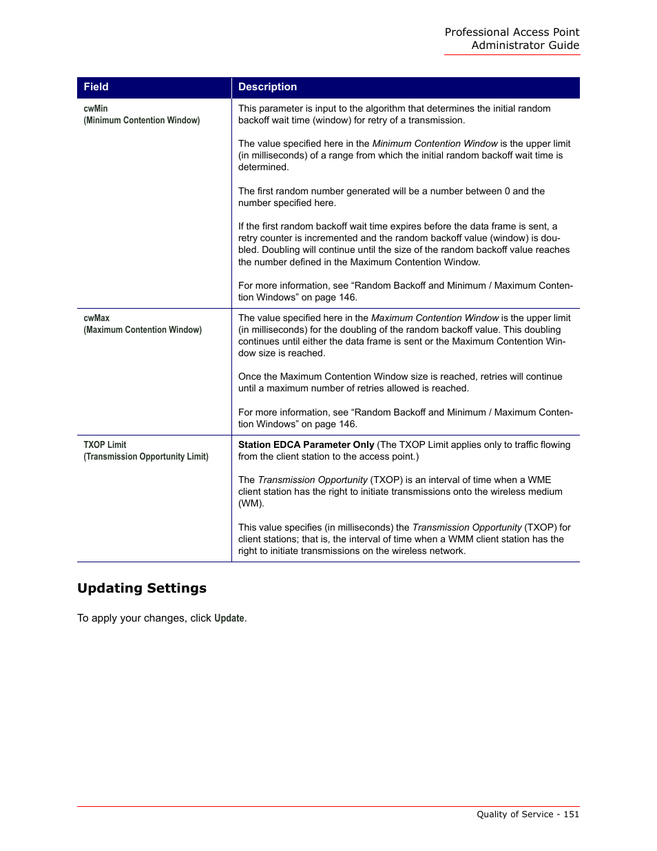 Updating settings | USRobotics Instant802 APSDK User Manual | Page 151 / 328