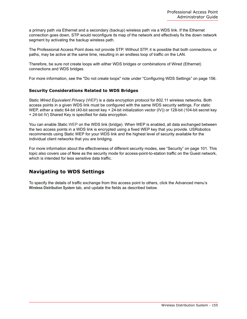 Security considerations related to wds bridges, Navigating to wds settings | USRobotics Instant802 APSDK User Manual | Page 155 / 328