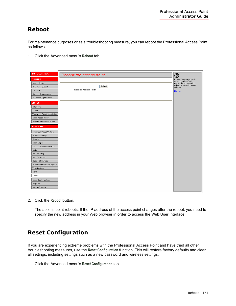 Reboot, Reset configuration, Reboot reset configuration | USRobotics Instant802 APSDK User Manual | Page 171 / 328