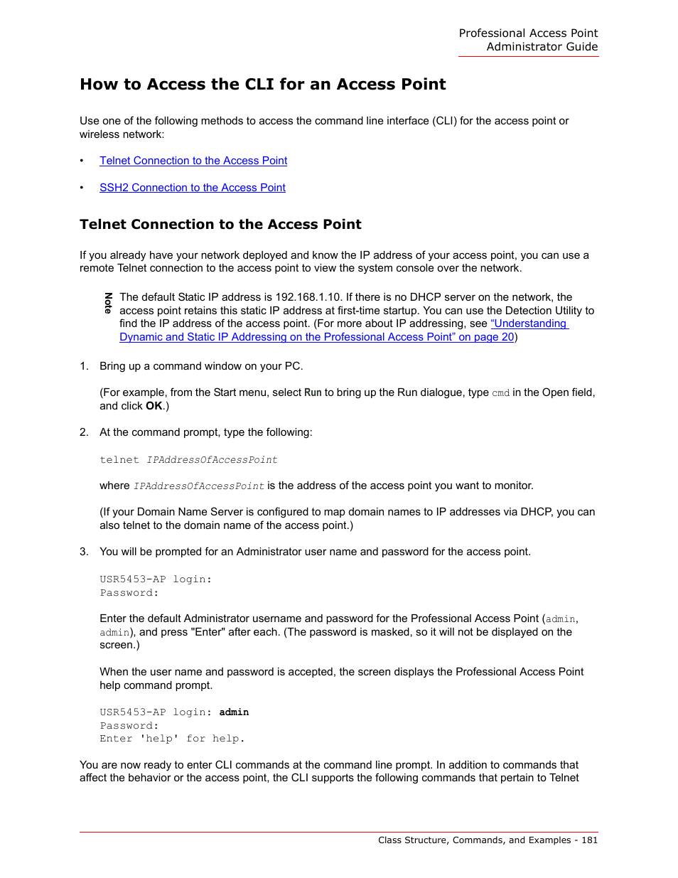 How to access the cli for an access point, Telnet connection to the access point | USRobotics Instant802 APSDK User Manual | Page 181 / 328