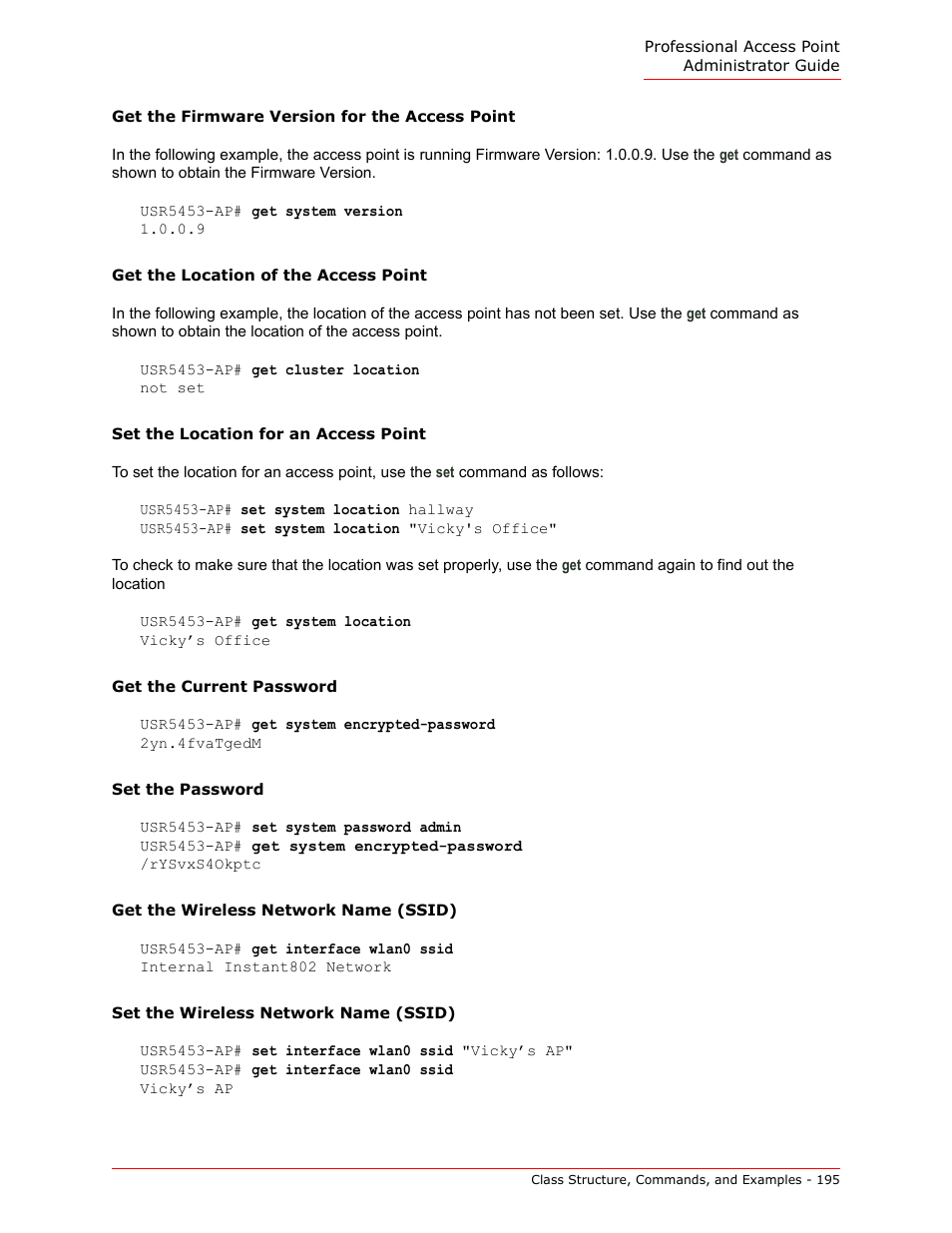 Get the firmware version for the access point, Get the location of the access point, Set the location for an access point | Set the password, Get the wireless network name (ssid) | USRobotics Instant802 APSDK User Manual | Page 195 / 328