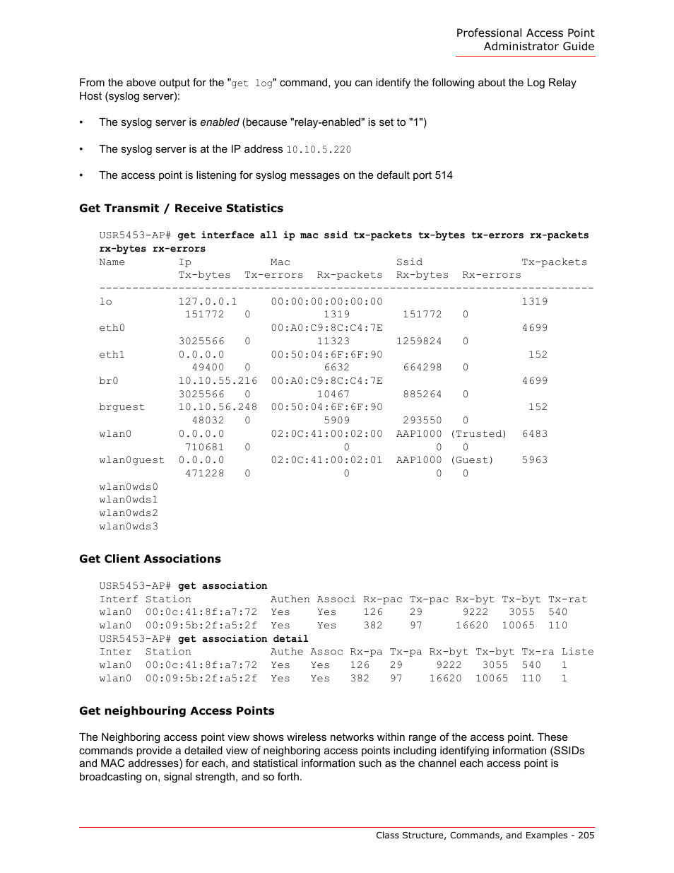 Get transmit / receive statistics, Get client associations, Get neighbouring access points | USRobotics Instant802 APSDK User Manual | Page 205 / 328