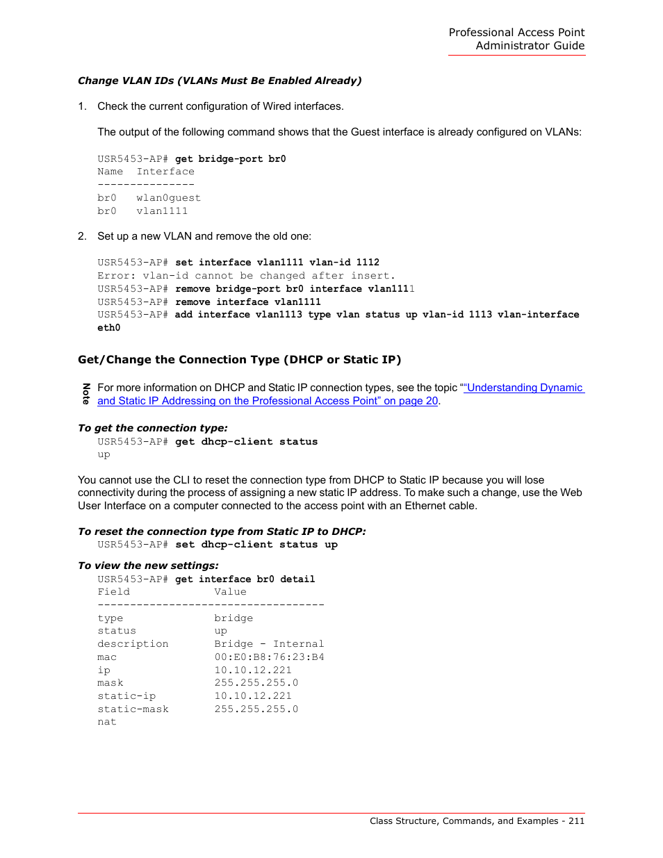 Get/change the connection type (dhcp or static ip), Get/change the con, Change vlan ids (vlans must be enabled already) | USRobotics Instant802 APSDK User Manual | Page 211 / 328