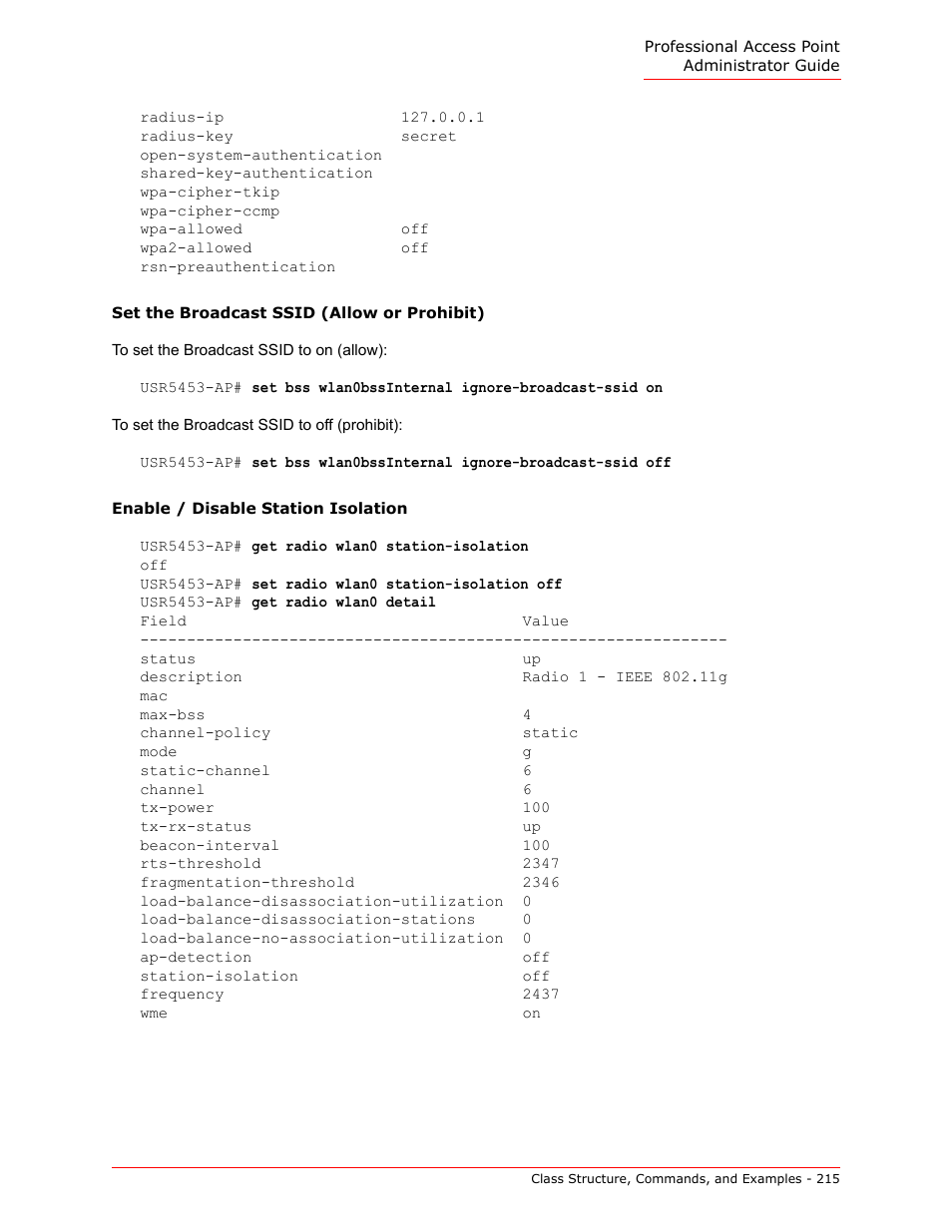 Set the broadcast ssid (allow or prohibit), Enable / disable station isolation | USRobotics Instant802 APSDK User Manual | Page 215 / 328