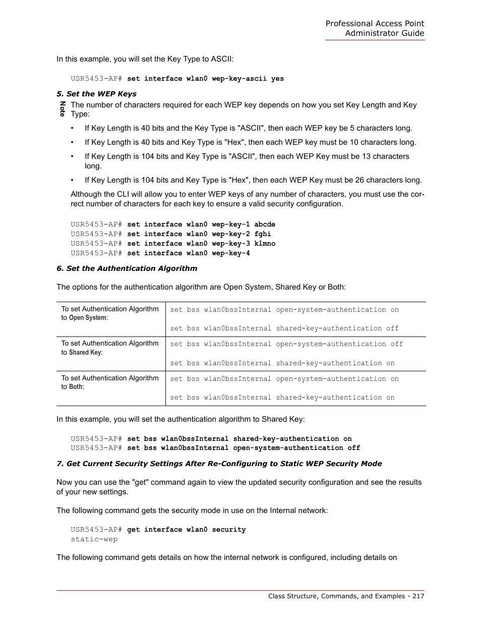 Set the wep keys, Set the authentication algorithm | USRobotics Instant802 APSDK User Manual | Page 217 / 328