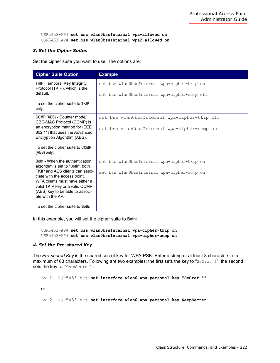 Set the cipher suites, Set the pre-shared key | USRobotics Instant802 APSDK User Manual | Page 222 / 328