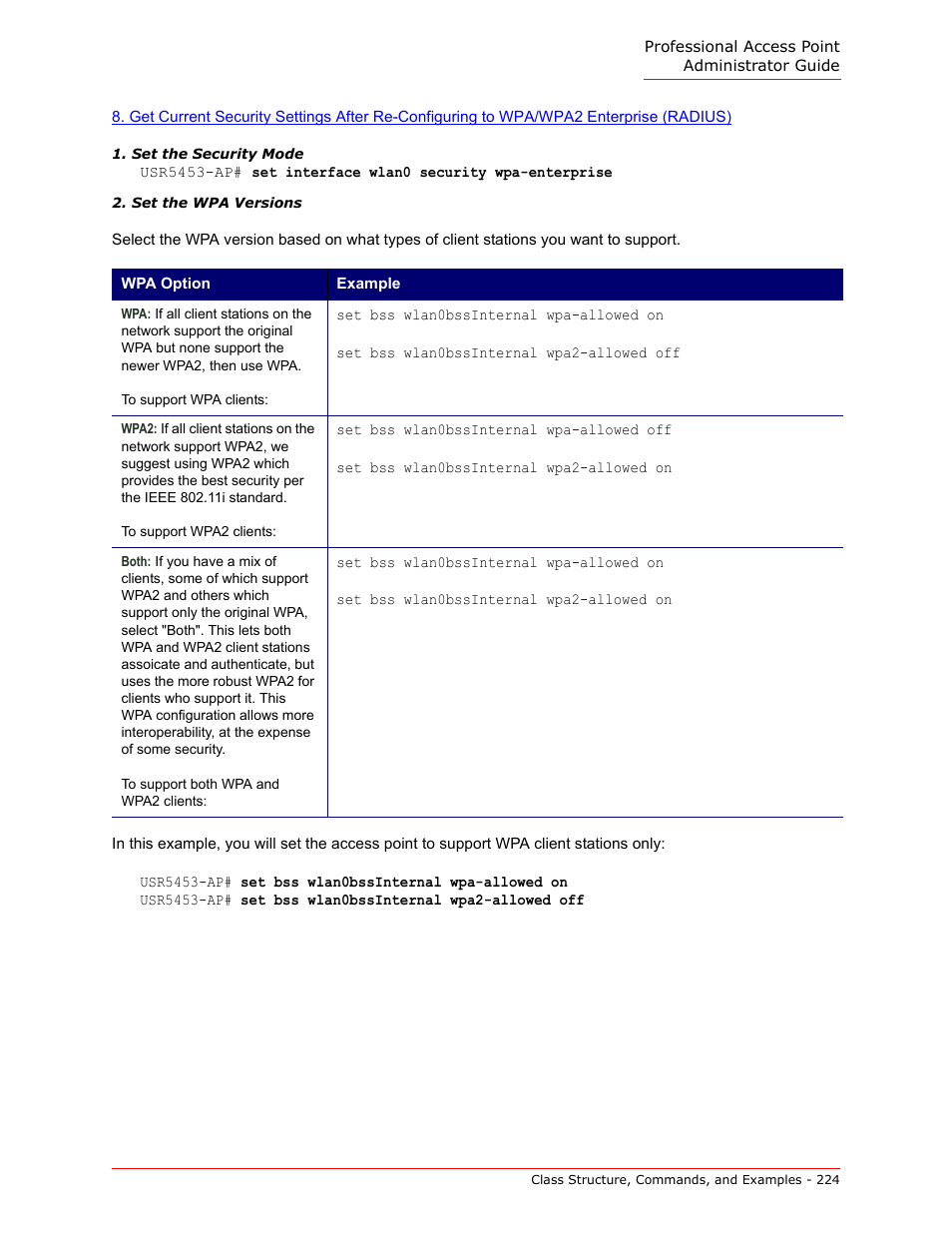 Set the security mode, Set the wpa versions | USRobotics Instant802 APSDK User Manual | Page 224 / 328