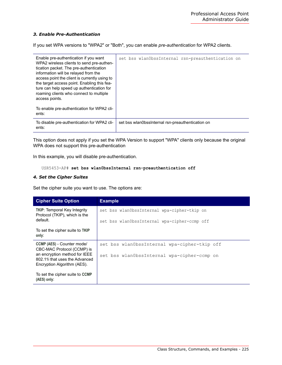 Enable pre-authentication, Set the cipher suites | USRobotics Instant802 APSDK User Manual | Page 225 / 328