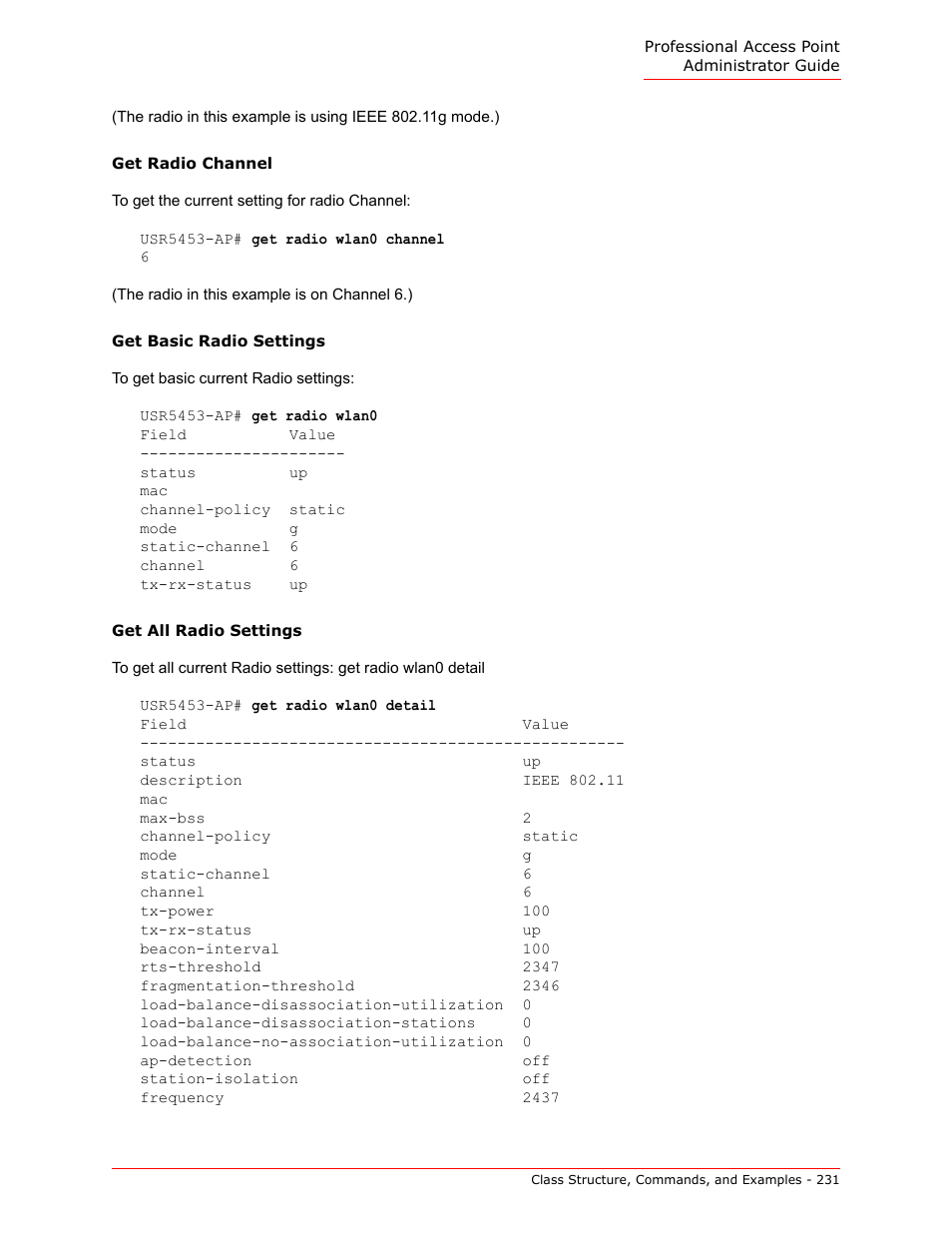 Get radio channel, Get basic radio settings, Get all radio settings | USRobotics Instant802 APSDK User Manual | Page 231 / 328