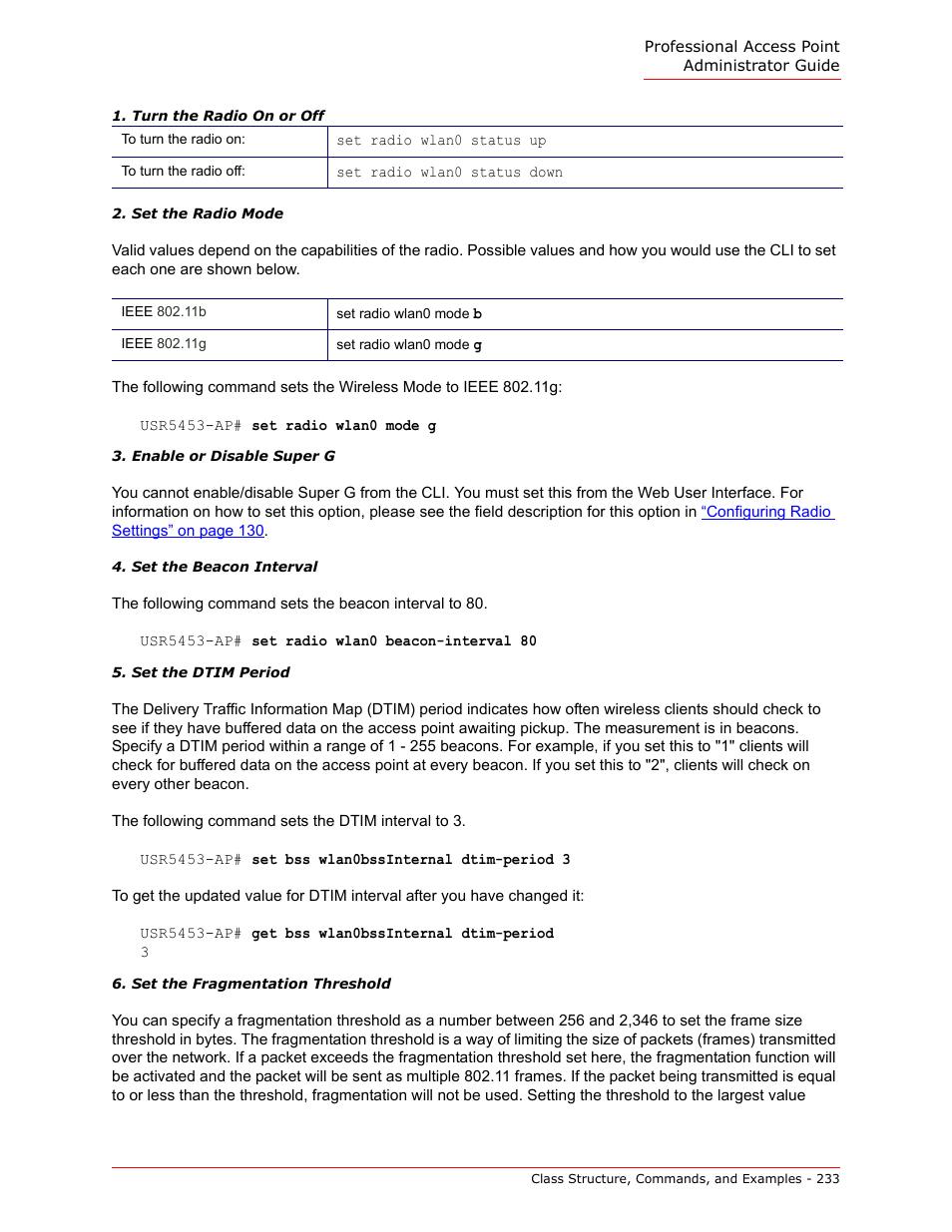 Turn the radio on or off, Set the radio mode, Enable or disable super g | Set the beacon interval, Set the dtim period, Set the fragmentation threshold | USRobotics Instant802 APSDK User Manual | Page 233 / 328