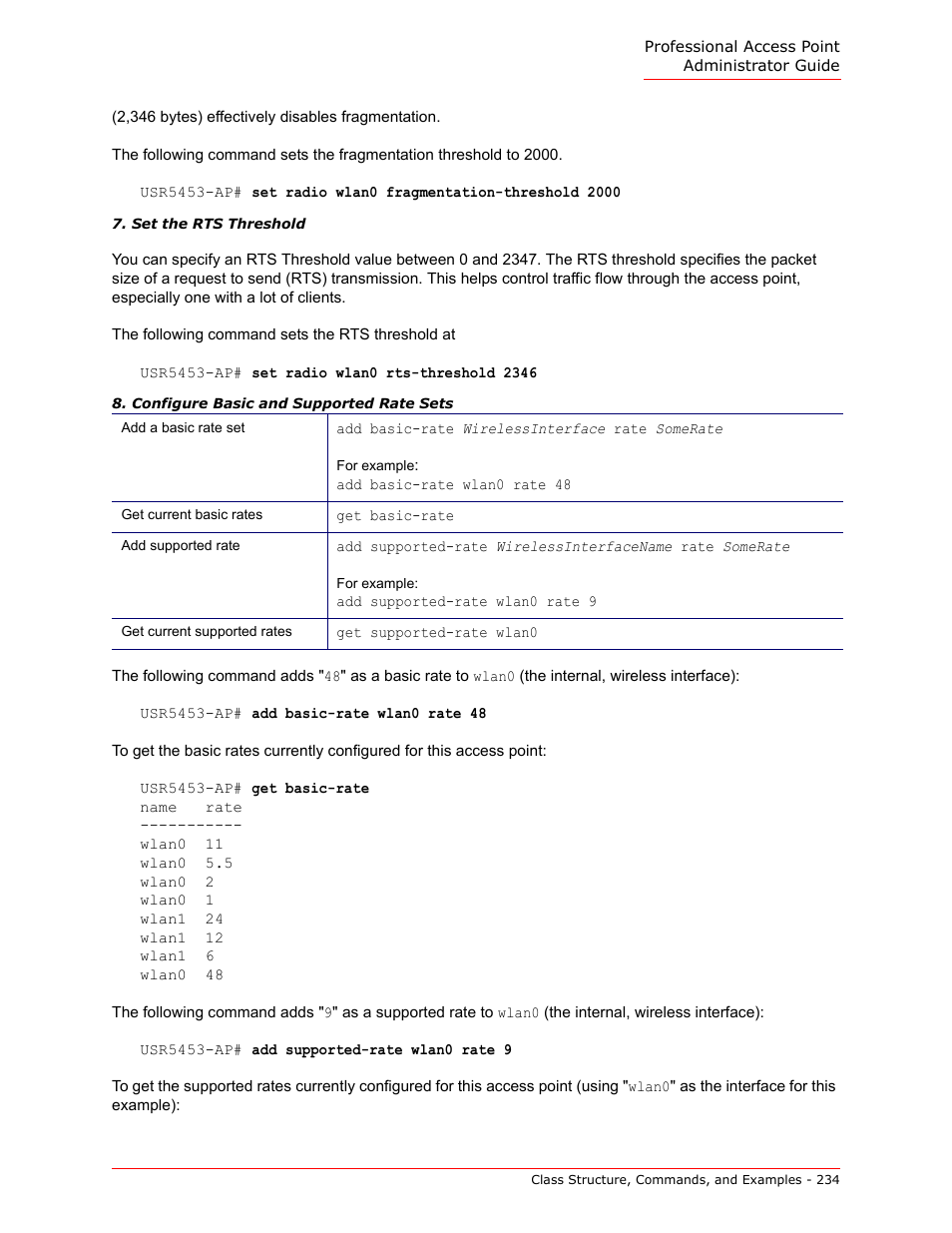 Set the rts threshold, Configure basic and supported rate sets | USRobotics Instant802 APSDK User Manual | Page 234 / 328