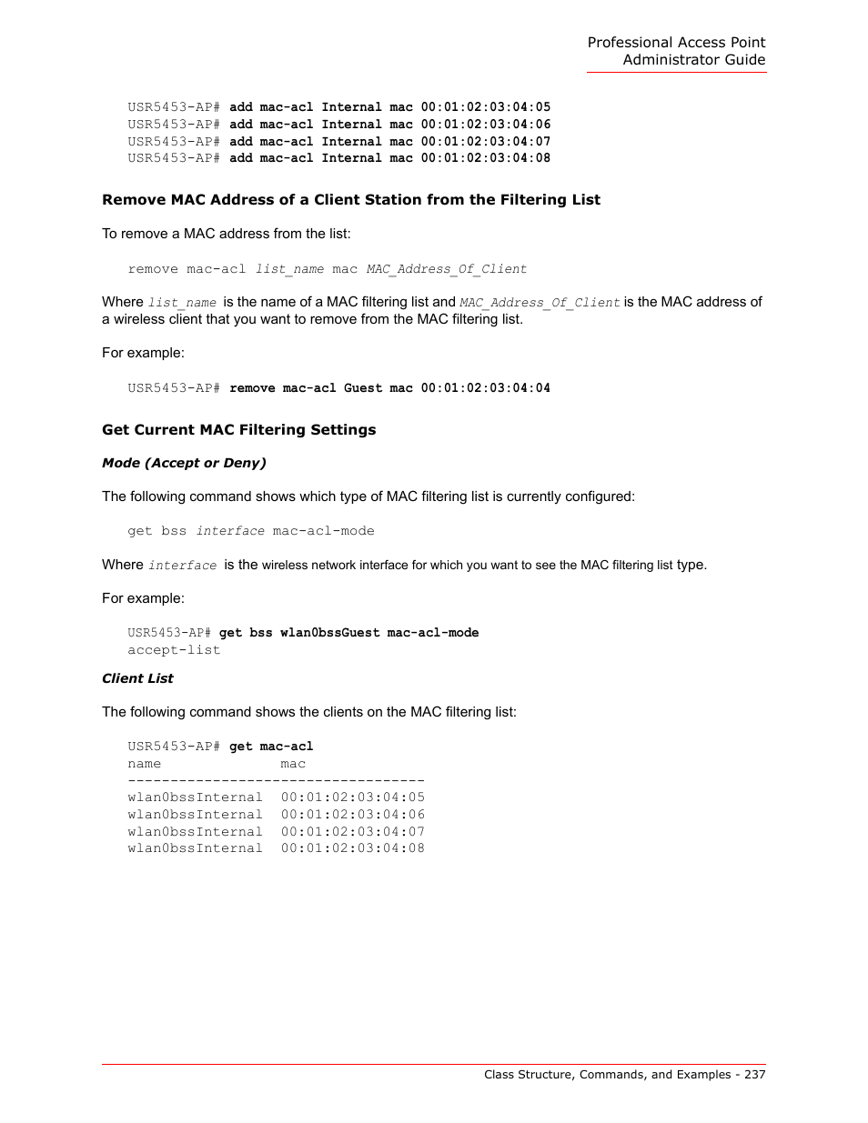 Get current mac filtering settings | USRobotics Instant802 APSDK User Manual | Page 237 / 328