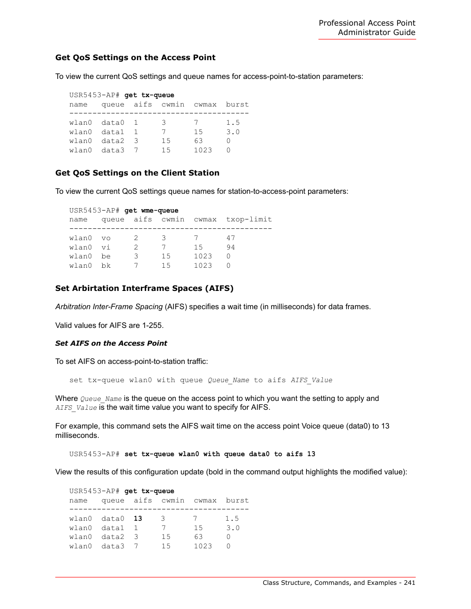 Get qos settings on the access point, Get qos settings on the client station, Set arbirtation interframe spaces (aifs) | Set arbirtation interframe spaces (aifs)” on | USRobotics Instant802 APSDK User Manual | Page 241 / 328