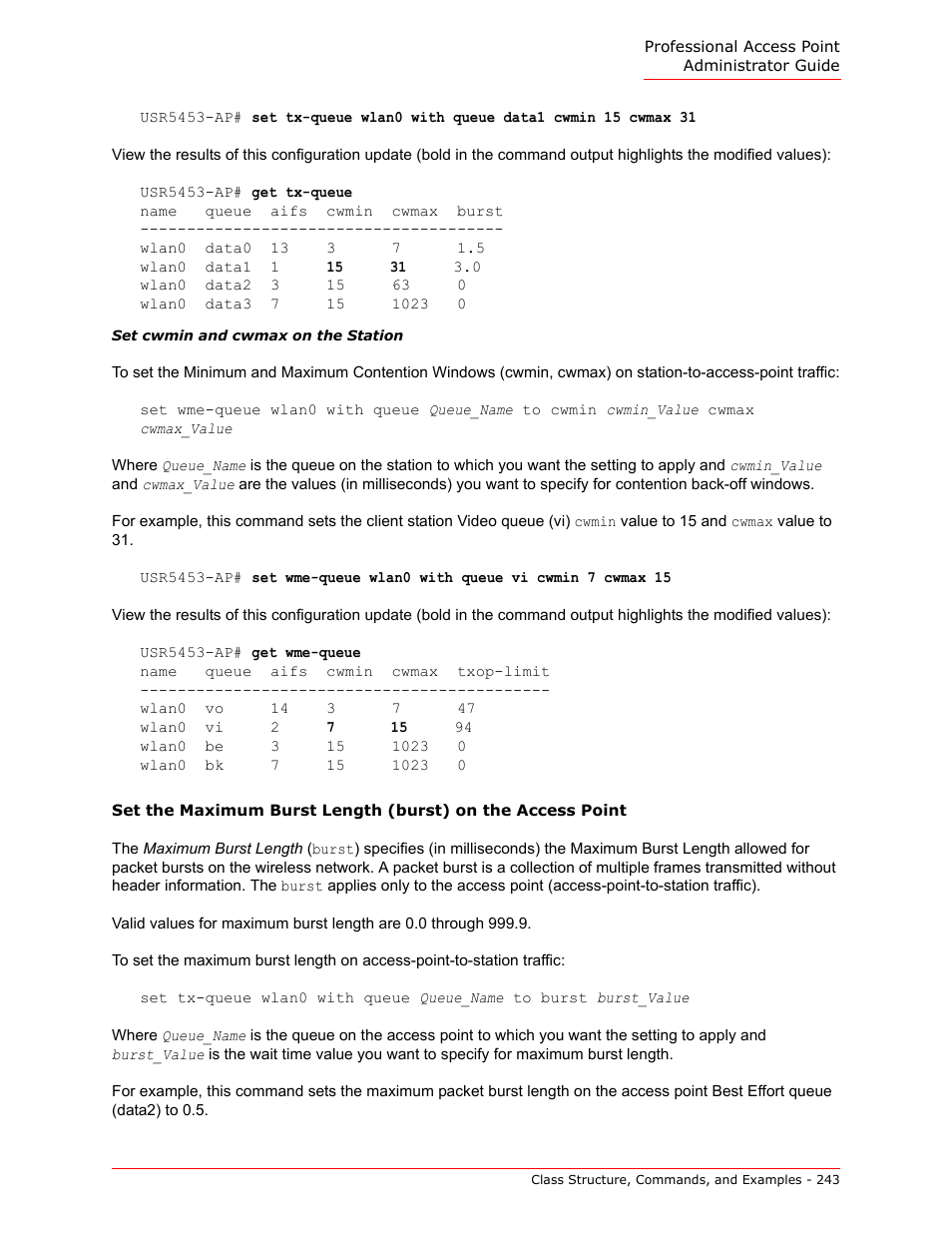 Set the maximum burst length (burst) on the | USRobotics Instant802 APSDK User Manual | Page 243 / 328